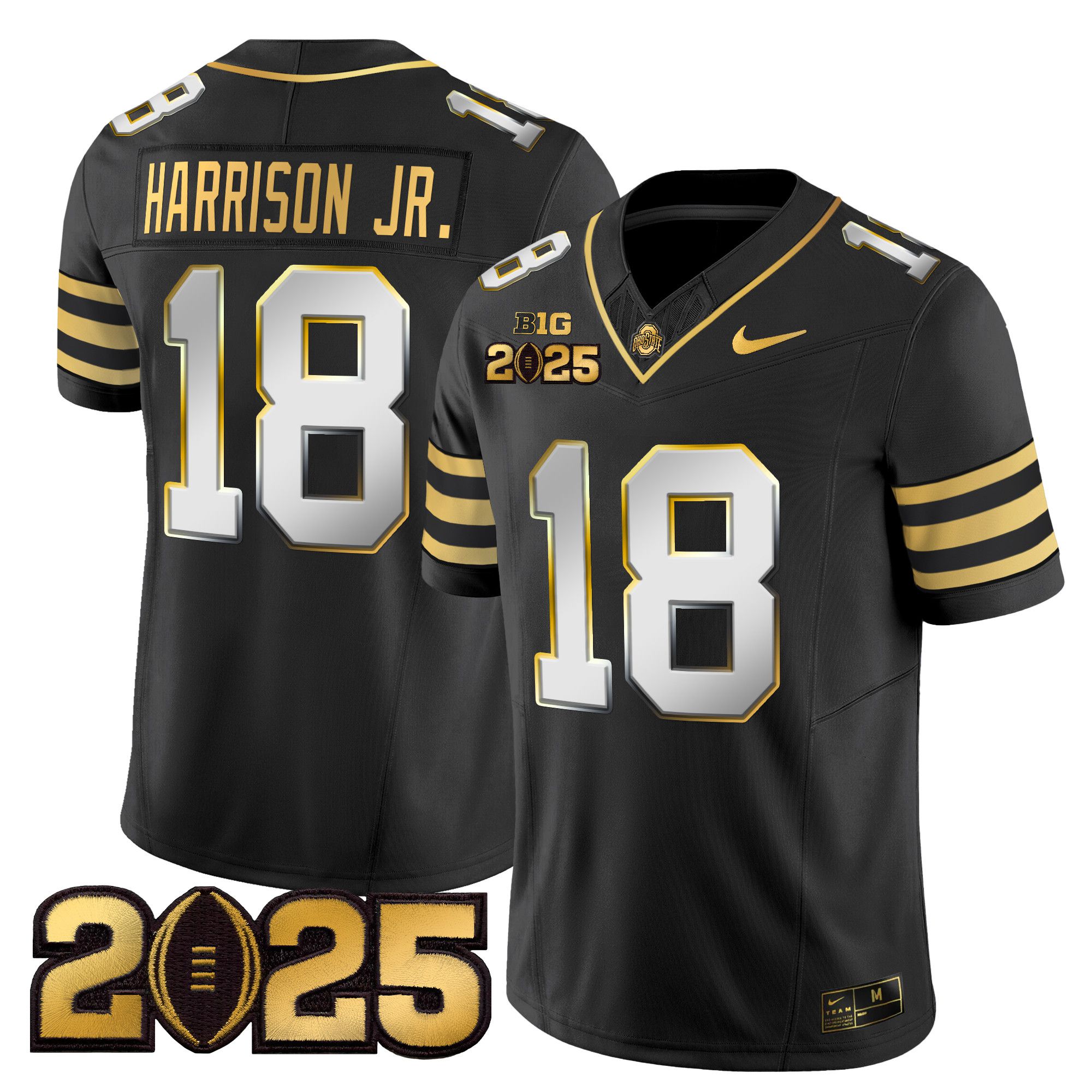 Men Ohio State Buckeyes #18 Harrison jr Black 2025 CFP Final Patch Gold Vapor Limited NCAA Jersey style 2